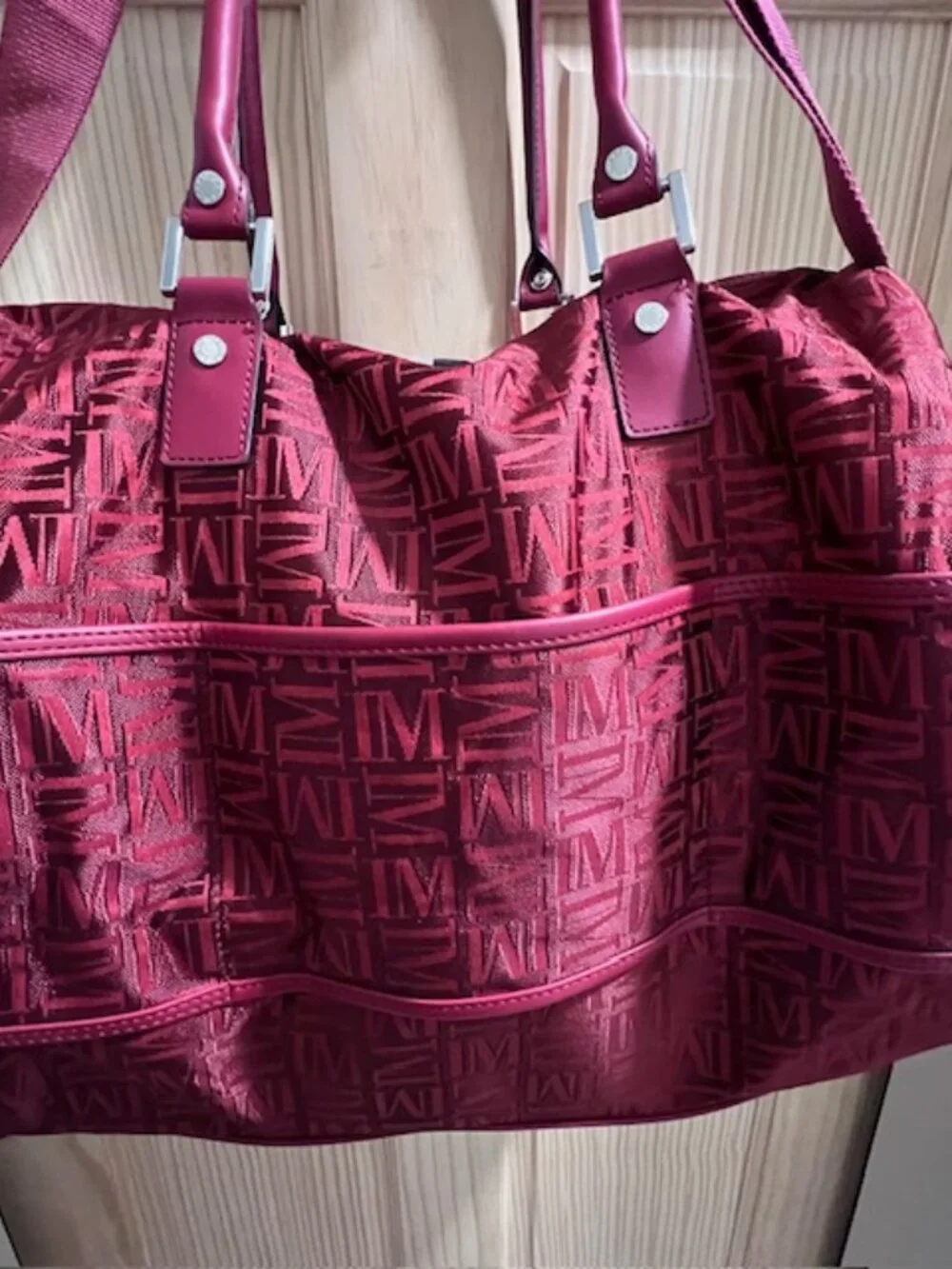 ISAAC MIZRAHI Red Tote duffle Bag Monogram Pattern Spacious w/Handles & Strap
